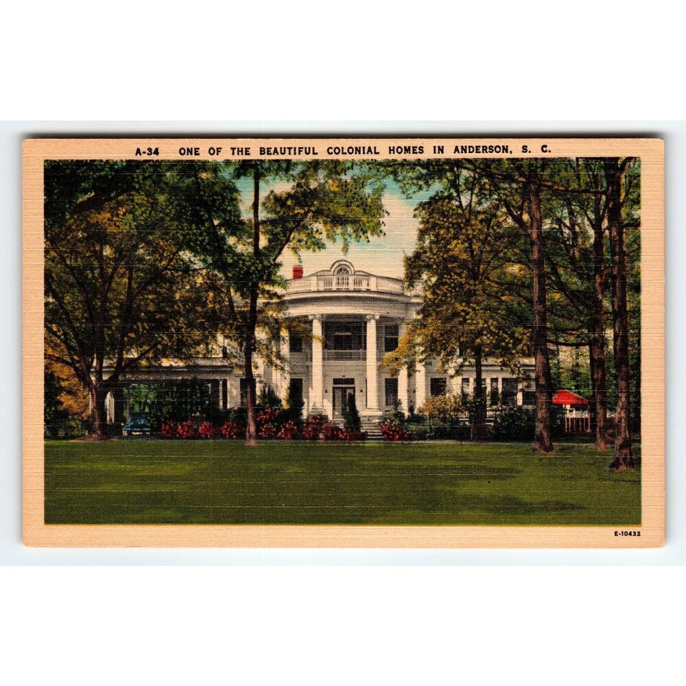 Vintage Linen Postcard Colonial Home Anderson South Carolina A-34